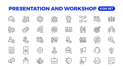 Workshop icon set. Containing team building, collaboration, teamwork, coaching, problem-solving and education icons.Business presentation line icons Presentation, business, seminar, partnership, goals