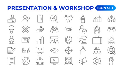 Workshop icon set. Containing team building, collaboration, teamwork, coaching, problem-solving and education icons.Business presentation line icons Presentation, business, seminar, partnership, goals