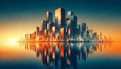Fototapeta premium A city skyline at twilight with geometric buildings casting reflections on a smooth body of water.