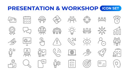 Workshop icon set. Containing team building, collaboration, teamwork, coaching, problem-solving and education icons.Business presentation line icons Presentation, business, seminar, partnership, goals