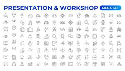 Workshop icon set. Containing team building, collaboration, teamwork, coaching, problem-solving and education icons.Business presentation line icons Presentation, business, seminar, partnership, goals