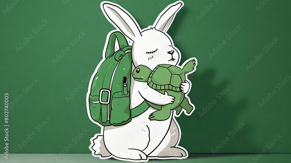 Sticker a rabbit with a backpack and a turtle on a green background sticker