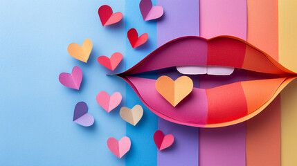 Paper female lips and hearts on color background. LGBT