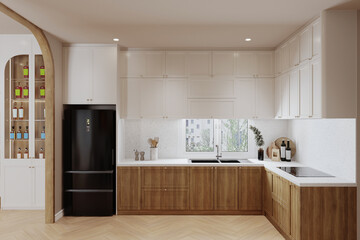 Fototapeta na wymiar Modern Japanese style kitchen room with minimalist built-in cabinet and kitchen appliances.3d rendering