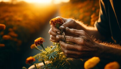 A close shot of a gardener's hands, dirt-streaked and weathered, delicately pruning a marigold flower. - Powered by Adobe