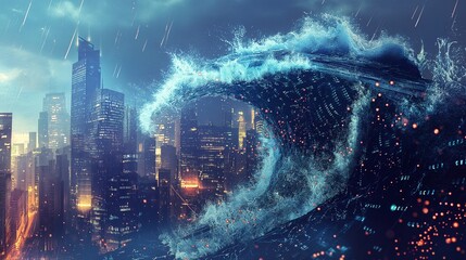 A digital tsunami wave, composed of malicious code and viruses, crashing over a firewall barrier protecting a cityscape of network servers. 32k, full ultra hd, high resolution