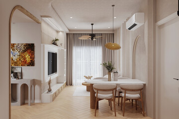 This modern dining room, with natural light, features white chairs, table and minimalist decor