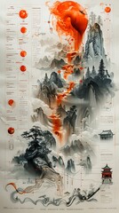 Conceptual Art Poster: River and Landscape Diagrams, Minimalism, Ethereal Illustrations, Religious Architecture, White and Orange Color Fields