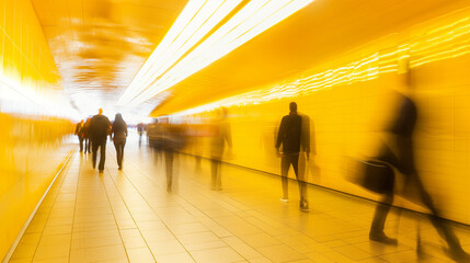 A rush of commuters captured in a long exposure in a vibrant yellow underground tunnel, visualizing...