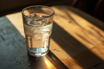 A glass of water sits on a wooden table