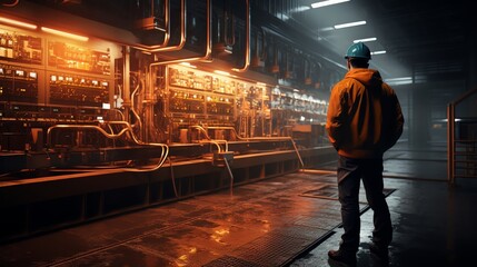 An engineer in a highvisibility jacket inspecting the control systems in a modern hydroelectric power plant emphasizing infrastructure and energy production