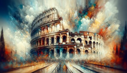 An imaginative portrayal of the Colosseum in Rome, focusing on the texture of the ancient stones.