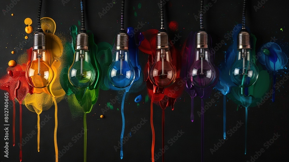 Poster a colorful collection of light bulbs dangling on strings with splattered paint