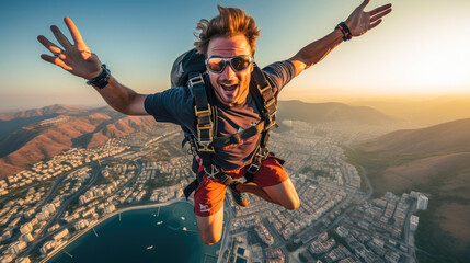 Skydiving, Free-fall excitement, Heart-pounding dives, Sky-high views, Parachute moments, Aerial perspectives