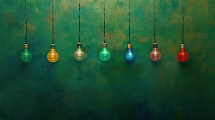   A cluster of light bulbs dangling on a green backdrop with two identical green walls in the background