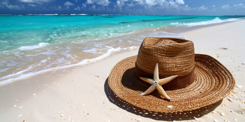 A straw hat with a star on it is laying on the sand at the beach