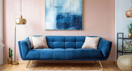 Sofa in a blue color, sofa with light brown and beige pillows on it, floor lamp near the wall, painting hanging above the couch, modern living room interior design with wooden parquet flooring