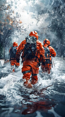 Heroic Watercolor Depiction of Flood Rescue Efforts Providing Aid and Shelter to Those Stranded by Rising Waters