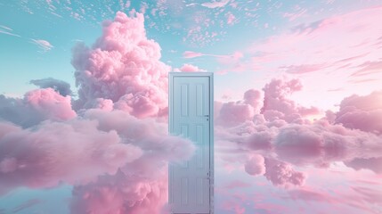 Pastel dreamland featuring a door amidst clouds, with a reflective lake scene in soft shades of blue and pink, creating an inviting, calm atmosphere