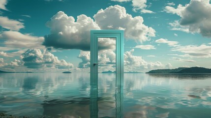 Playful yet serene landscape seen through a teal door, featuring a reflective lake under cloud-laden skies, embodying the dual nature of teal