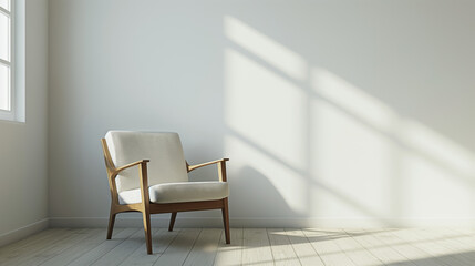 A solitary modern chair stands in a minimalist room bathed in the soft light of morning, reflecting simplicity and calm