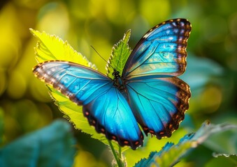 Vibrant Blue Morpho Butterfly Perched on Leaf in Lush Garden