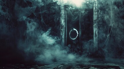 Scary dungeon ambiance with a ring gate partially visible through the open door, surrounded by thick smoke and cobwebs, dark and misty
