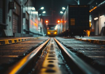 Atmospheric Night Scene of Illuminated Train Station with Approaching Train on Tracks.