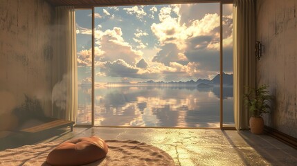Serene young person's room with a door opening to a cloud-filled landscape, reflective lake view, and earthy tones such as caramel and beige for a grounding effect