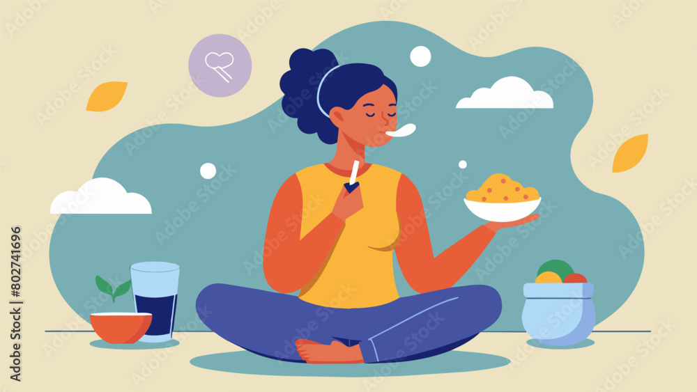 Poster a person practices mindful eating while taking their medication bringing attention to the sensations