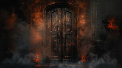 Sinister door with a hellish appearance, shrouded in darkness and smoke, with flickering flames that enhance its scary, burnt look
