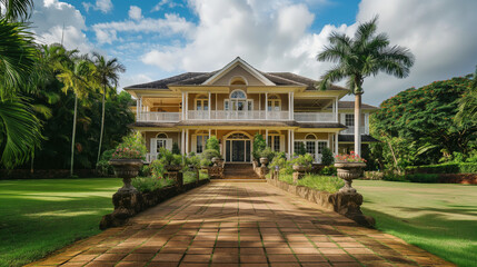 Obraz premium A grandiose yellow mansion surrounded by lush tropical gardens under a clear blue sky, showcasing luxury and tranquility
