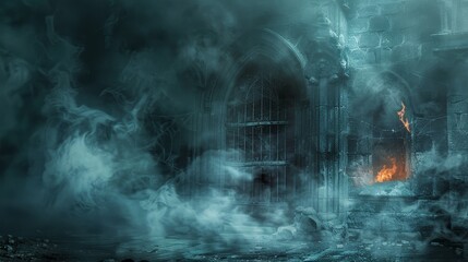 Sinister dungeon door shrouded in mist, with smoke swirling around, cobwebs strewn about, and dimly lit by ghostly flames