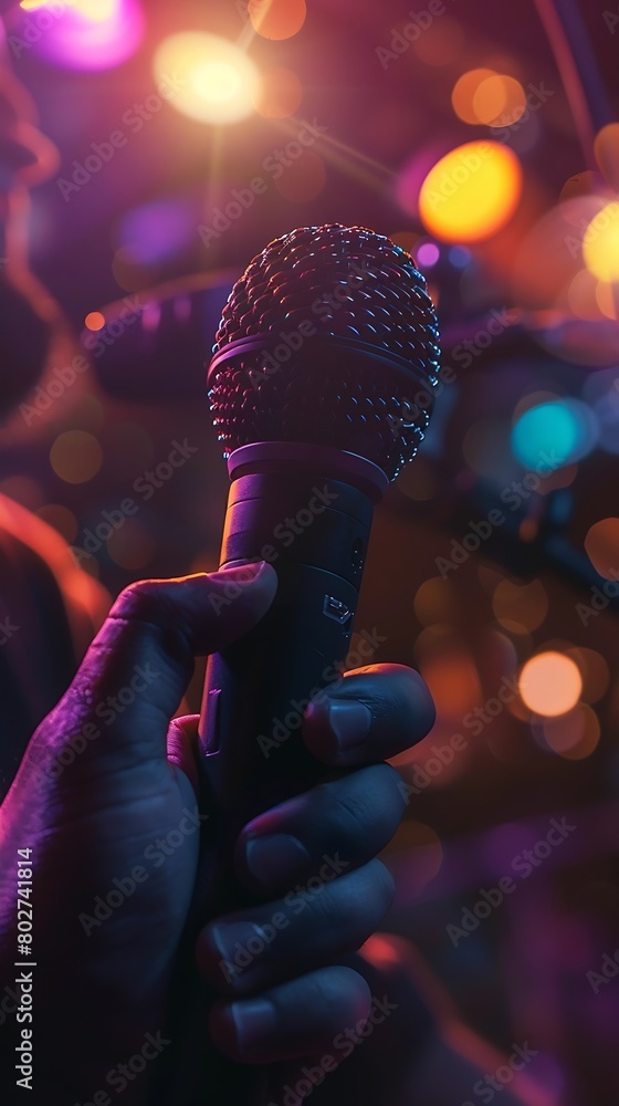 Poster person talking into a microphone glowing aesthetic scenery background : generative ai
