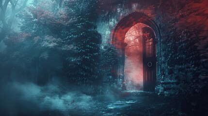 Spooky light from an open door in a dungeon setting, with a background of hell, smoky ring gate, and dark, mist-covered forest, creating a menacing vibe