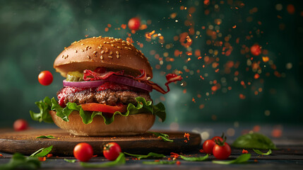 product image of a delicious burger with ingredients flying around,isolated on green background.