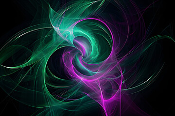 Dynamic neon swirls glowing in shades of green and purple, swirling in an abstract dance. A dynamic display on black background.
