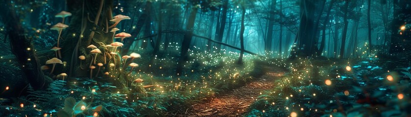 A mystical forest path lit by bioluminescent plants and mushrooms, casting a soft glow over a serene night trail, perfect for fantasy or naturethemed visuals