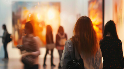 People at exhibition in modern art gallery blurred view