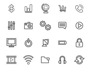 Outline and Solid Icons on White Background . Vector Isolated Elements, Business Card Icons,  Artificial Intelligence & Machine Learning Icons — Monoline Series, Education Line Icons, Flag of world.