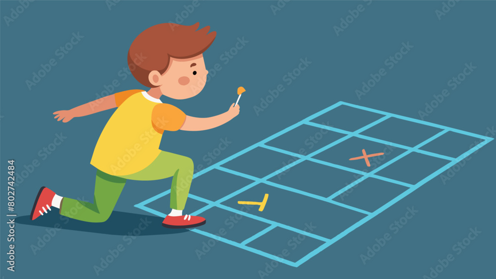 Poster a boy using chalk to draw a giant hopscotch board on the pavement each square representing a step to