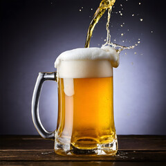 Cold draft beer with foam in a mug, mug of cold foamy beer close-up. 
