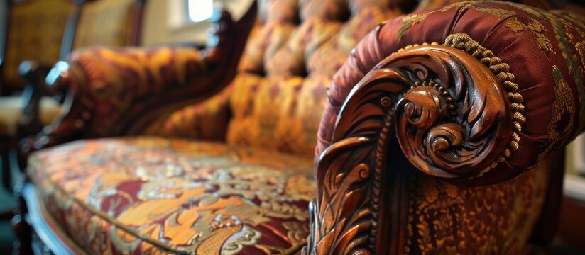 Antique chair featuring genuine fabric and intricate wood carving, set apart on its own.