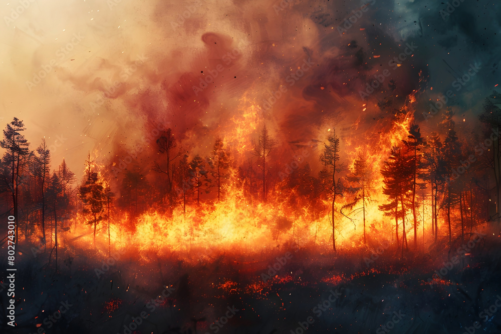 Poster Raging Wildfire Consuming Lush Forest in Cinematic 3D Rendering