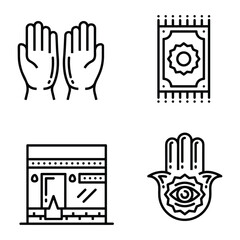 Islamic icons, such as mosque, quran, carpet, ramadan and more.