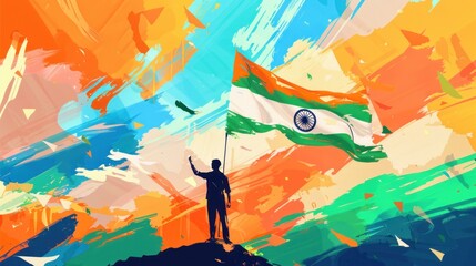 Paper character of human holding Indian National Flag with Red Fort monument for 15 August Happy Independence day poster or banner design.
