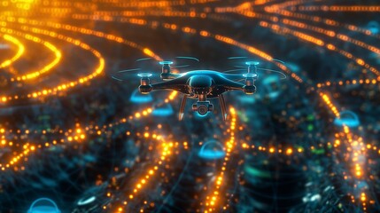 A cyber security drone patrolling the perimeter of a digital infrastructure, scanning for vulnerabilities and intrusions in a network of glowing data paths. 32k, full ultra hd, high resolution