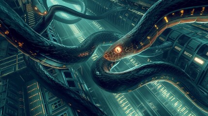 A digital serpent winding through a maze of servers and data centers, its eyes glowing with...