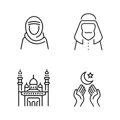 Islamic icons, such as mosque, quran, carpet, ramadan and more.
