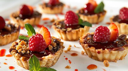   Mini desserts topped with chocolate sauce and raspberries on a leafy green garnish, presented on...